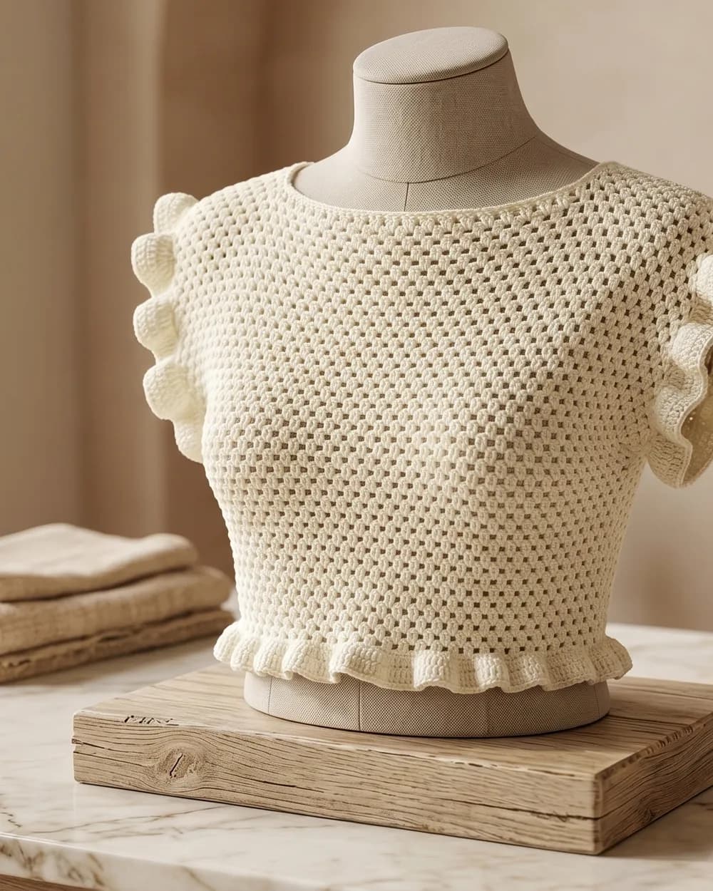 Blusa corta de crochet color crudo con mangas de volado