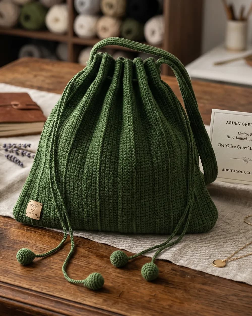 Bolso saco de trapillo verde oliva con cordón y pompones