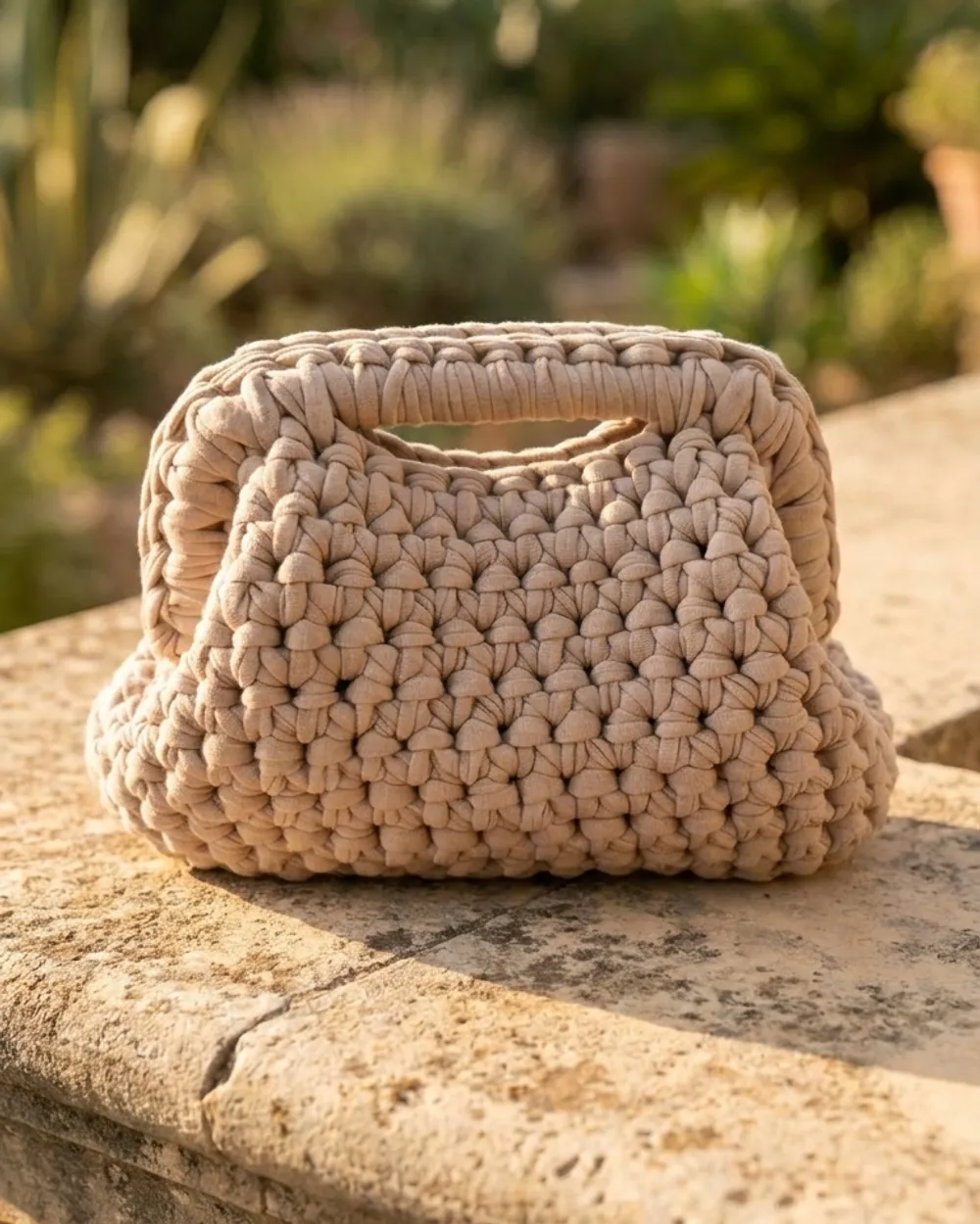 Cartera de trapillo grueso color crudo con asa de mano